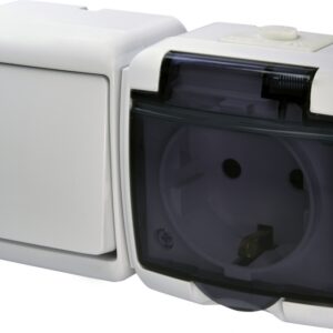Горизонтальний блок вимикач+розетка Eti Hermetics VRHH-1sd із з/к біла/прозора кришка (4668032)