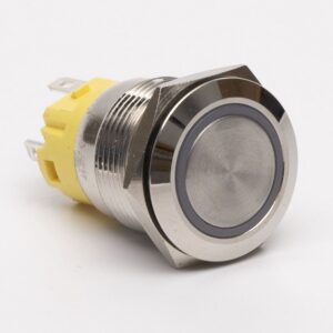 Кнопка металева КНМ-UL-19-FJ-E-Z 9-24V 1NO1NC плоска з фіксацією 5A, зелений TAKEL