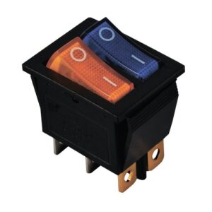 KCD2-2101N Y+BL/B 220V Перемикач 2 клав, Жовтий+синій з підсвічуванням