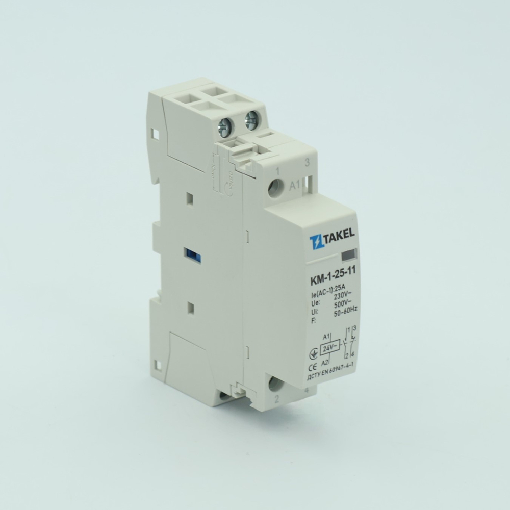 Контактор модульний КМ-1-25-11 25А 1NO+1NC 24В AC TAKEL 1 Контактор модульний КМ-1-25-11 25А 1NO+1NC 24В AC TAKEL